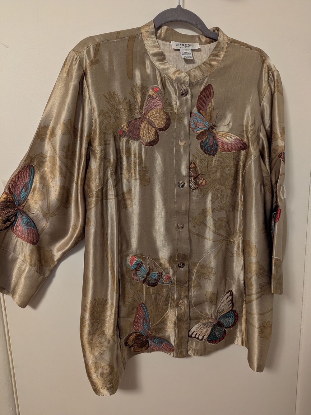 Citron Gold Satin Button-Up Shirt with Multicolor Butterfly Embroidery
